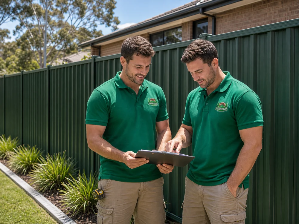 Local Sydney fencing and landscaping experts - Jacob Landscaping and Fencing crew reviewing project plans on site
