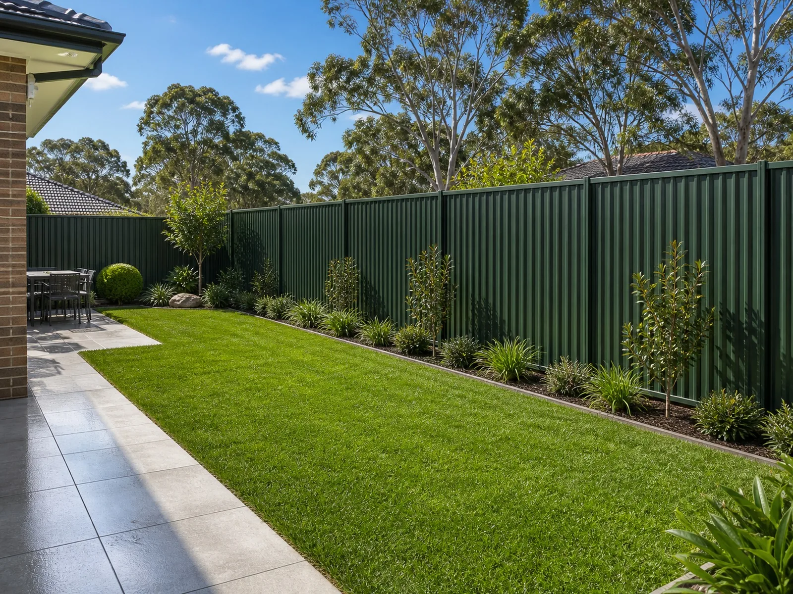 Backyard after transformation Sydney NSW - new turf, fresh fence, paved patio and tidy garden beds