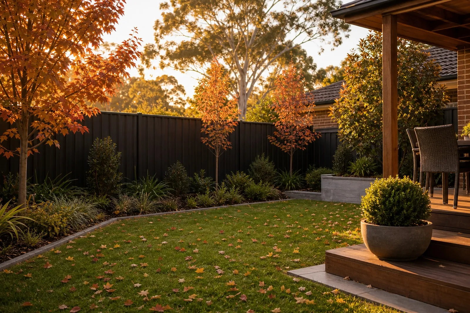 Autumn backyard landscaping Sydney NSW - warm-toned foliage over tidy turf in soft golden light