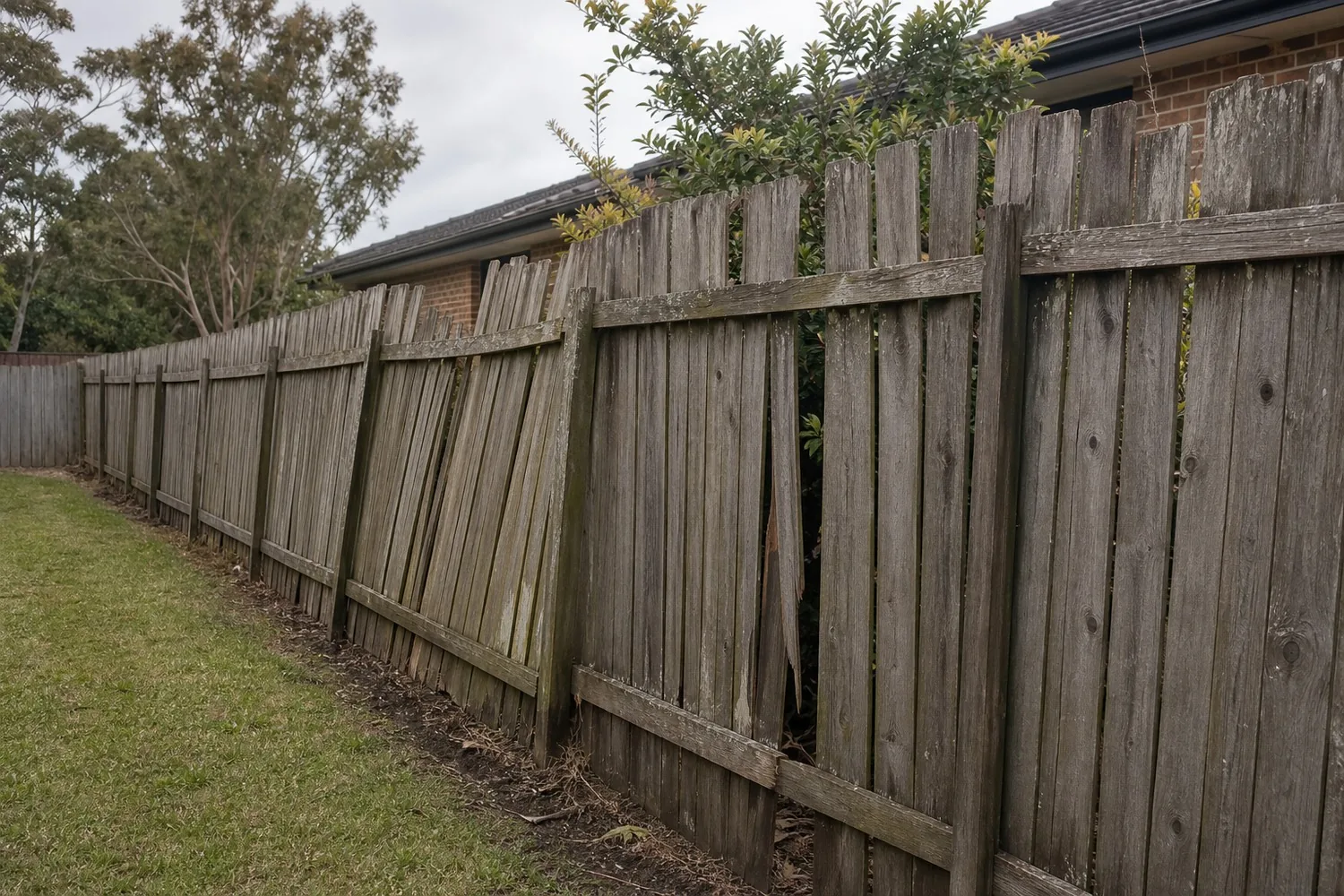 Old fence before replacement Sydney NSW - leaning weathered timber palings with broken grey boards