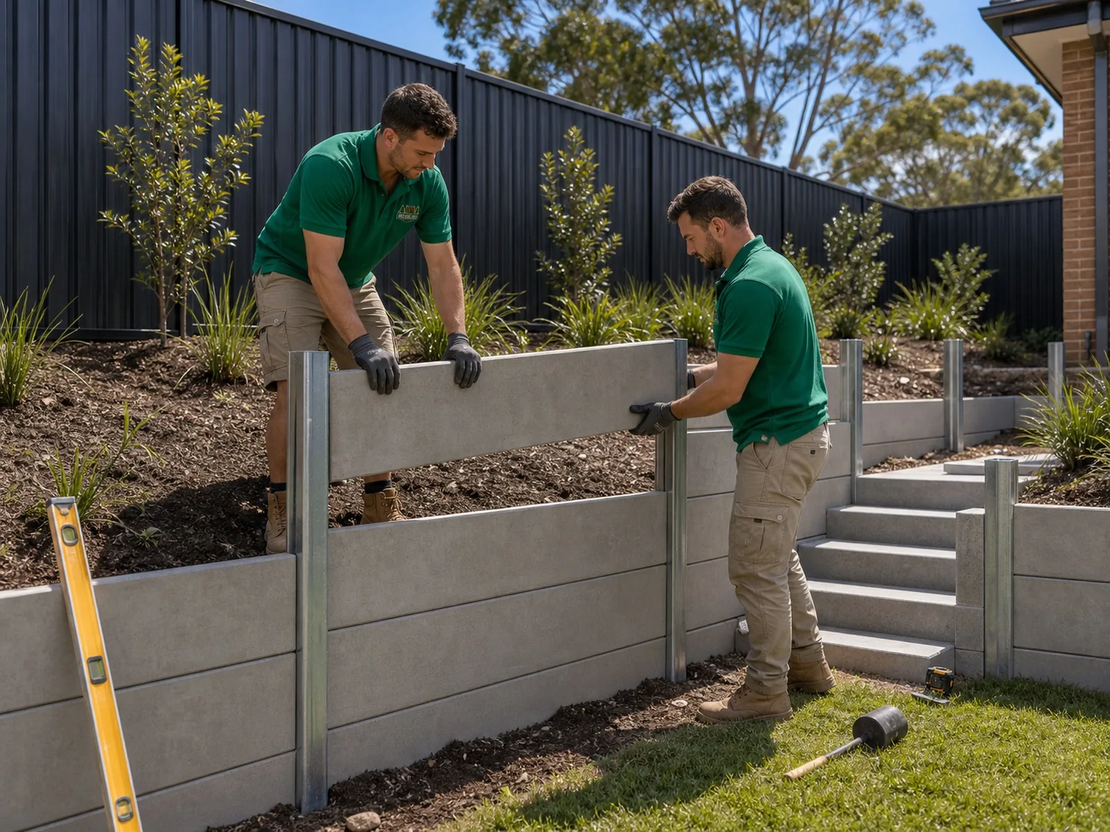 Retaining wall build Sydney NSW - crew sliding grey concrete sleepers between galvanised steel H-posts