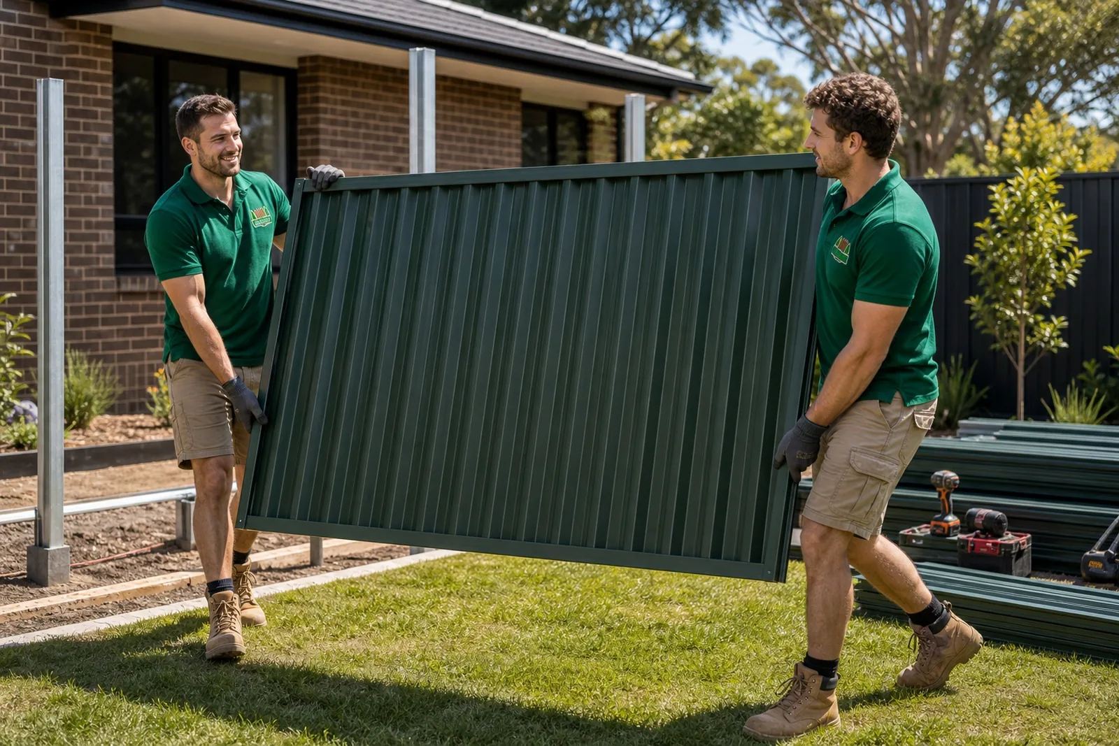 Fence installation teamwork Sydney NSW - two crew carrying a large Colorbond steel sheet across a job site