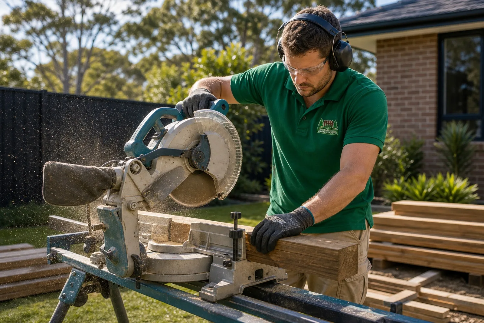 Timber fence fabrication Sydney NSW - crew member cutting a fence rail on a mitre saw with safety glasses