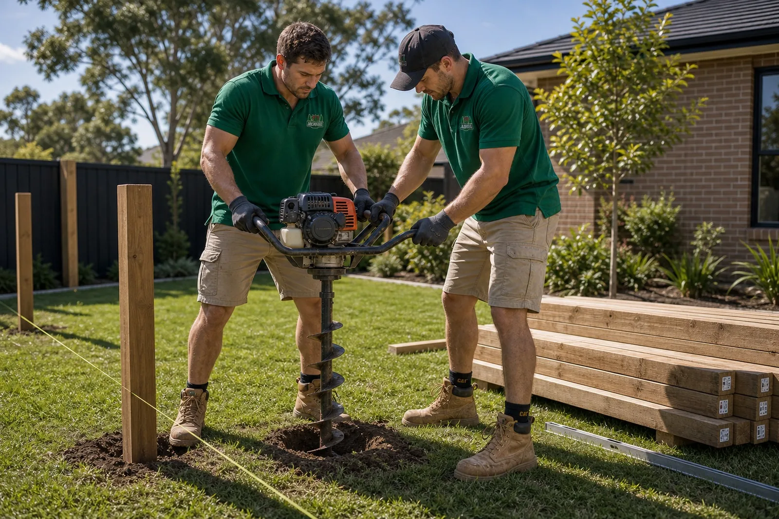 Fence post installation Sydney NSW - crew digging post holes with a petrol auger and string line ready