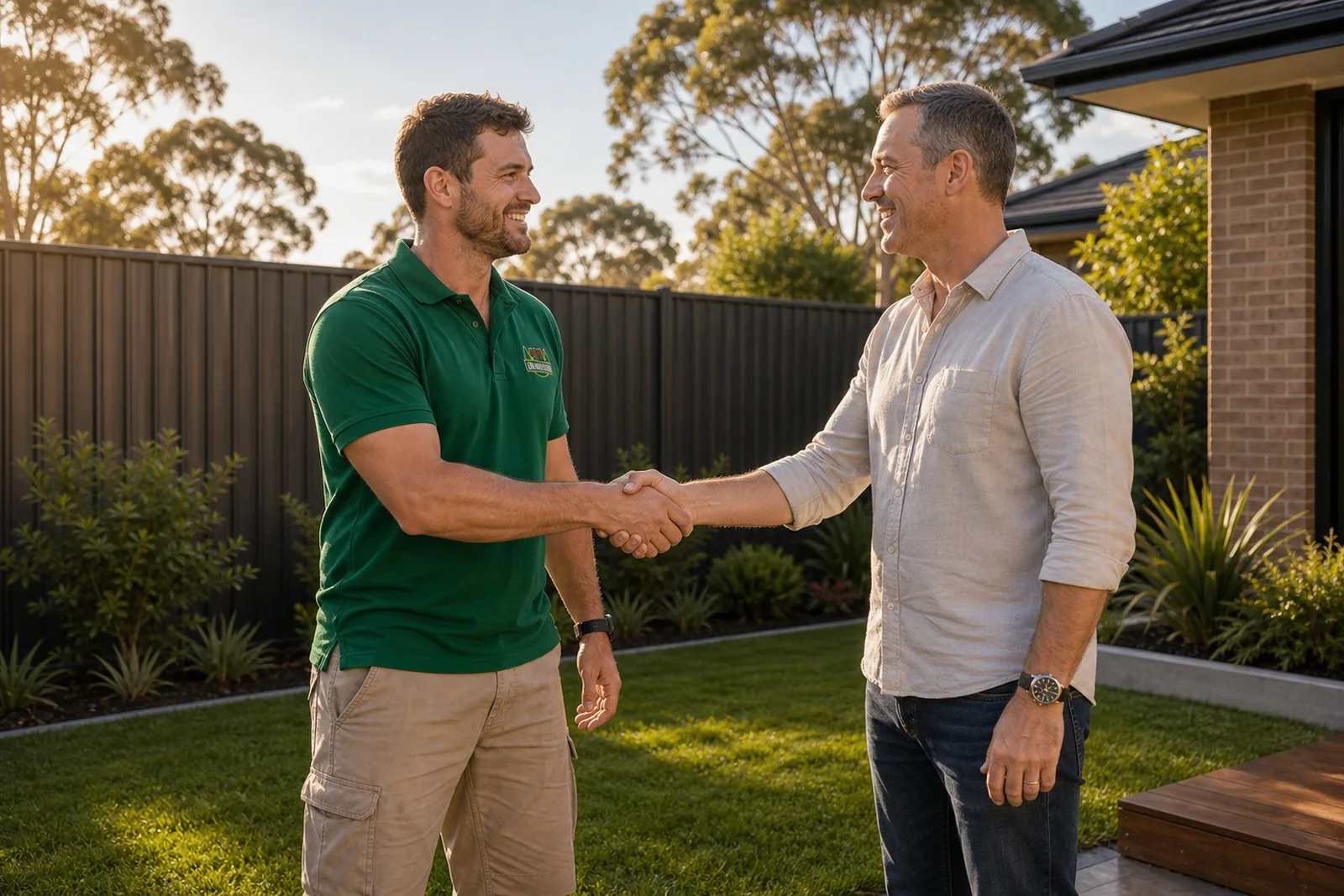 Happy customer Sydney NSW - Jacob Landscaping and Fencing crew member shaking hands with a homeowner by the completed fence