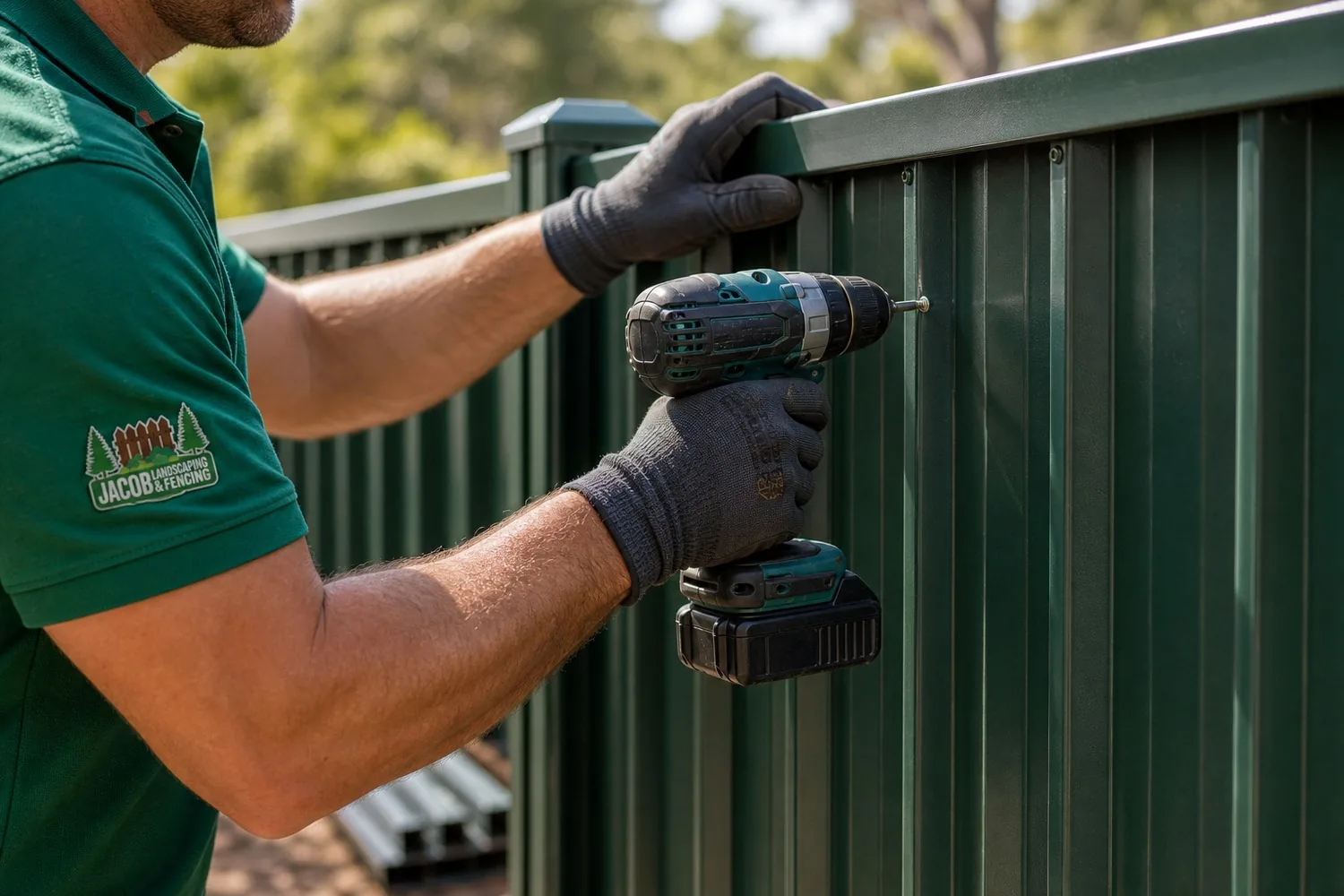 Colorbond fence assembly Sydney NSW - tradesperson fixing a dark green steel sheet to the rail with a cordless drill