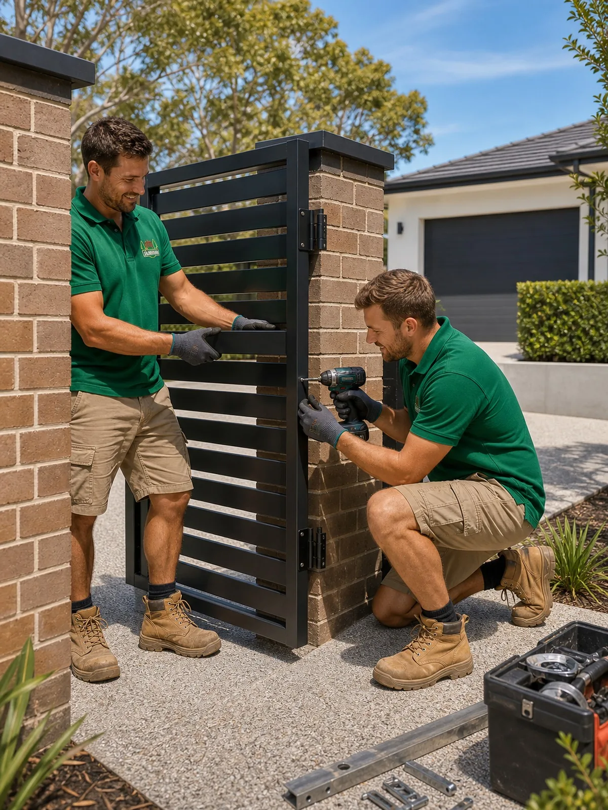 Gate installation Sydney NSW - two crew hanging a custom steel driveway gate and bolting the hinges