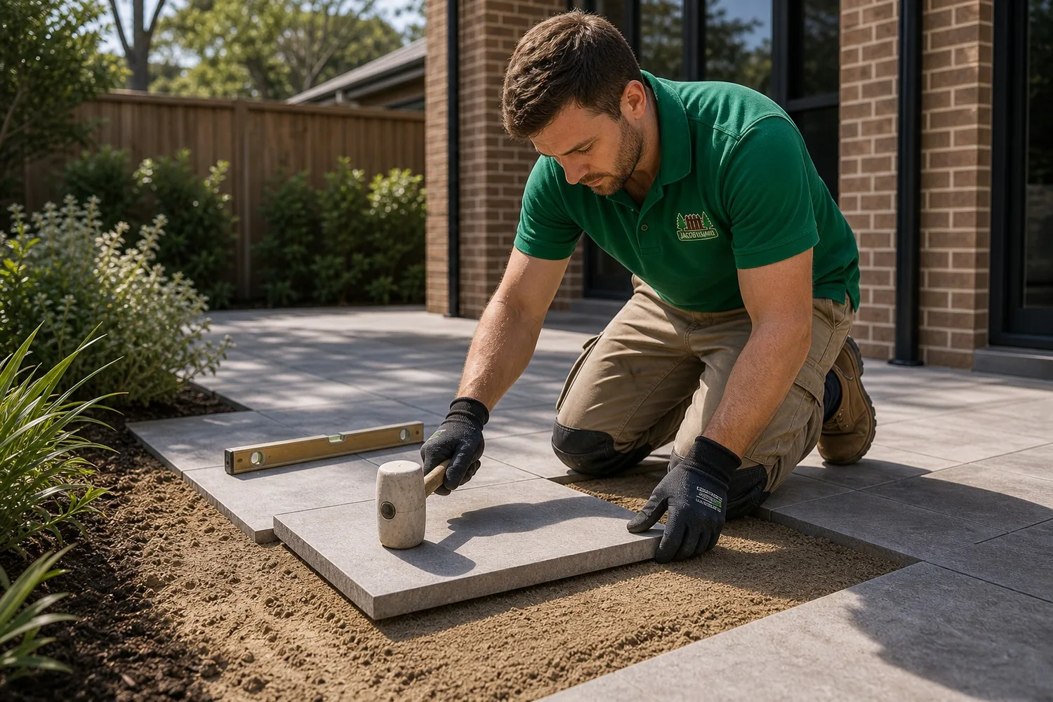 Paver laying Sydney NSW - worker placing a large paver on a screeded sand bed and tapping it level
