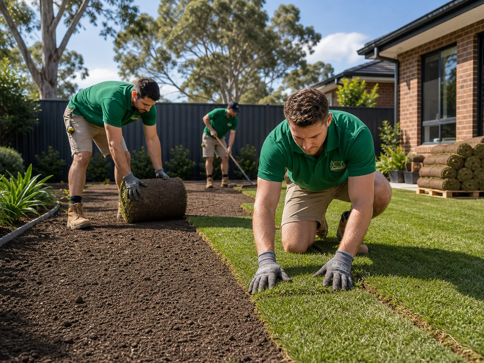 Turf laying crew Sydney NSW - team rolling out fresh turf rolls across a prepared soil base