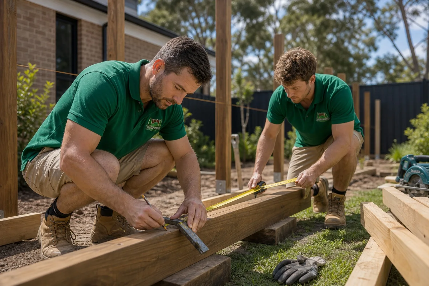 Fence layout and marking Sydney NSW - tradesperson measuring and marking a cut line with a square and tape