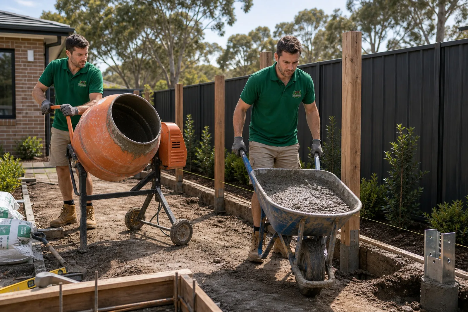 Concreting crew Sydney NSW - operating a portable cement mixer and barrowing wet concrete to a footing