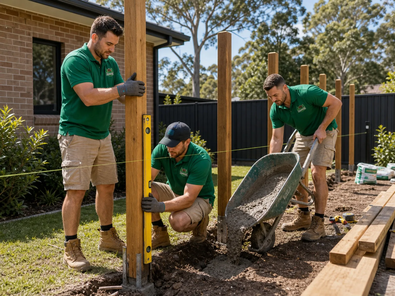Setting fence posts Sydney NSW - worker holding a post plumb while a teammate pours concrete footings