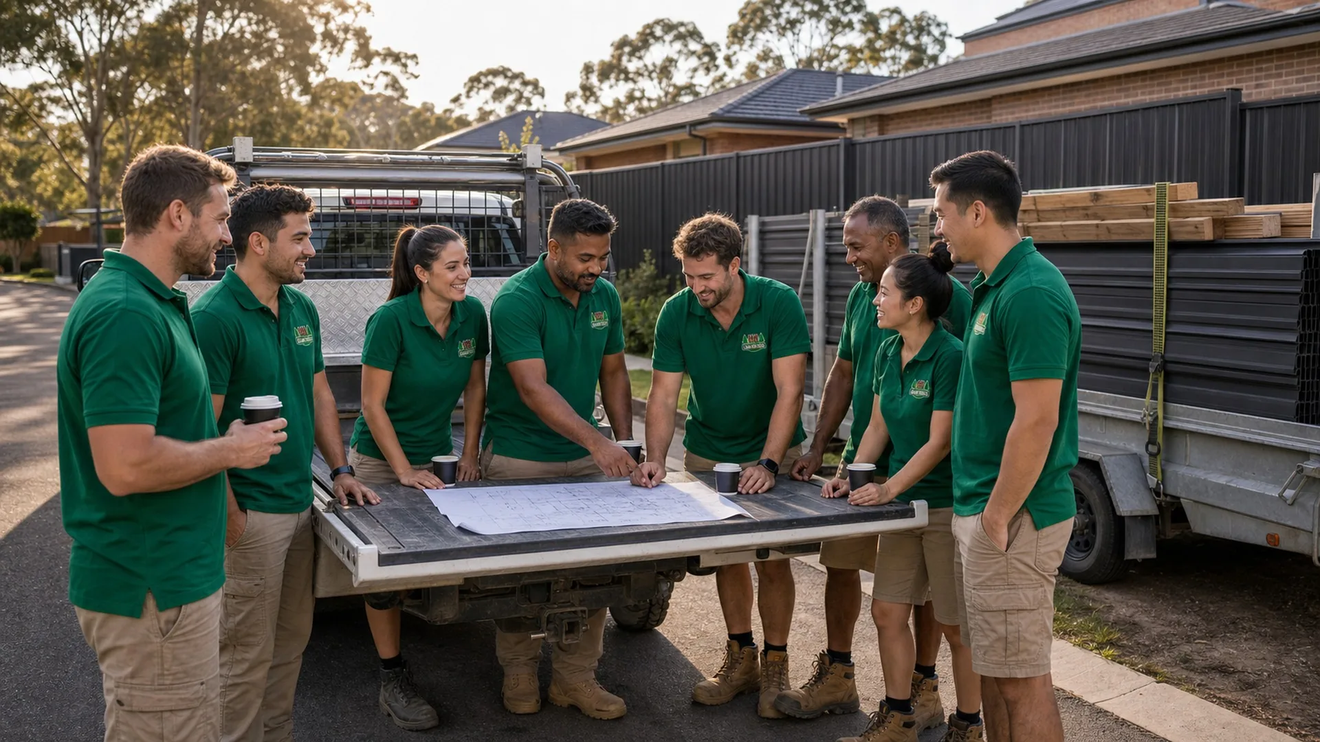 Fencing crew morning briefing Sydney NSW - Jacob Landscaping and Fencing team reviewing plans at the ute tailgate