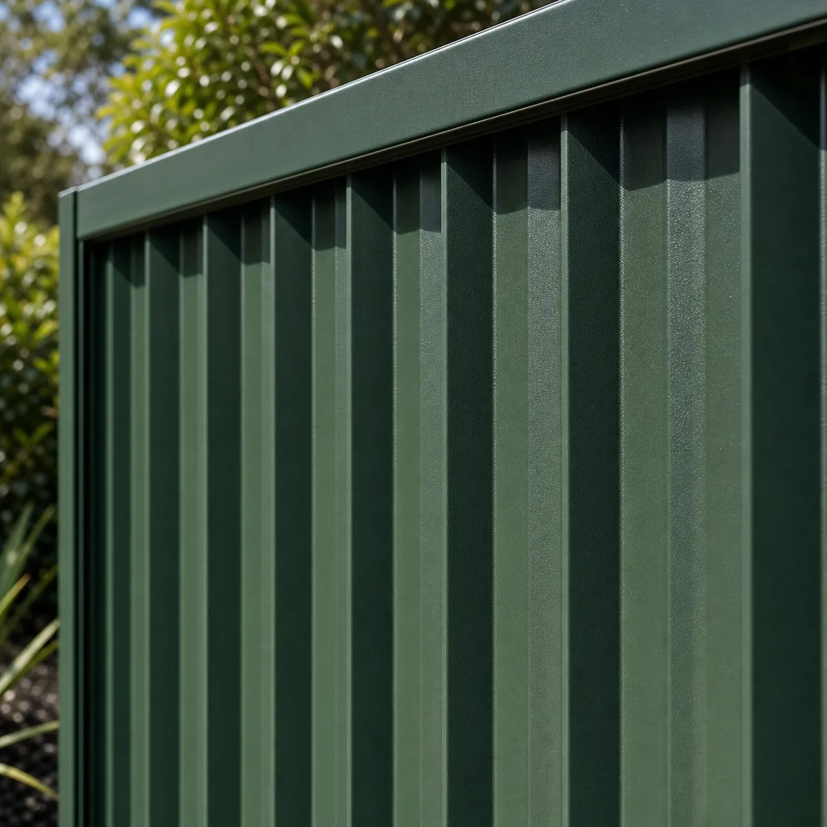 Colorbond fence panel close-up Sydney NSW - dark green vertical corrugated steel profile with flat capping rail