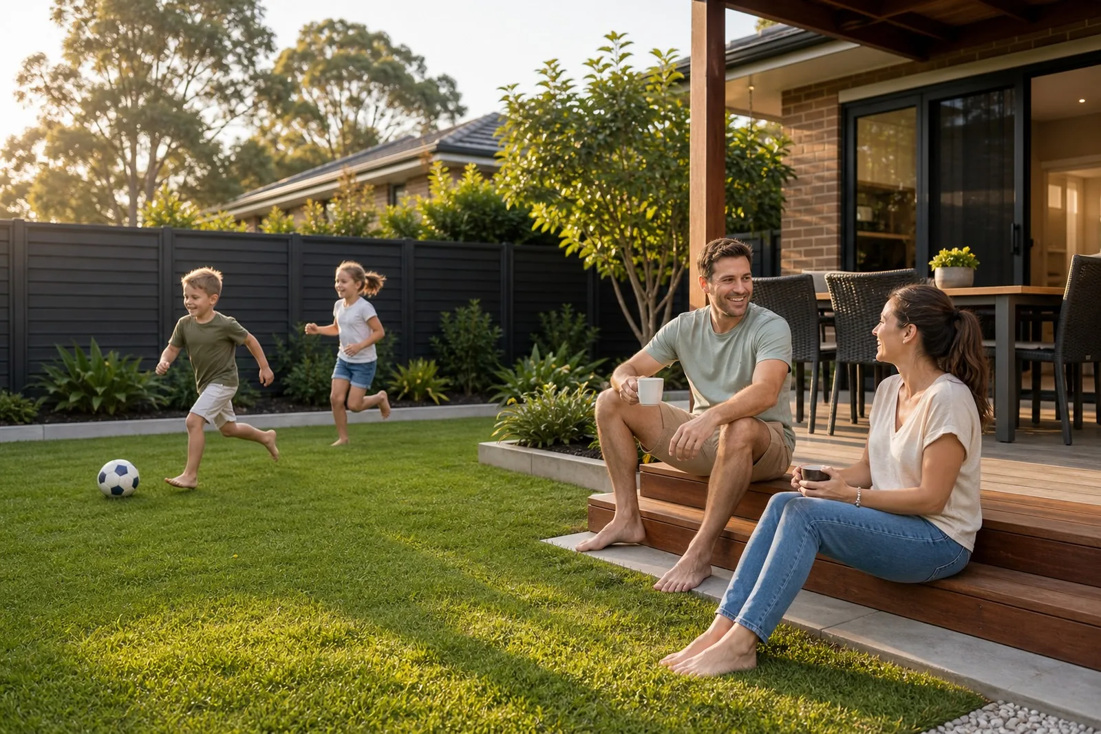 Family enjoying a landscaped backyard Sydney NSW - kids playing on a new lawn in a fully fenced yard