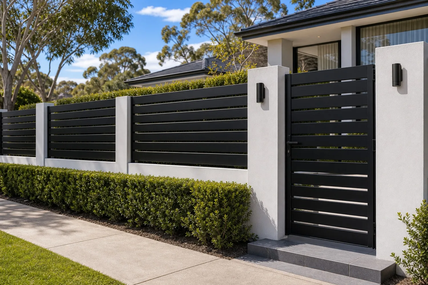 Modern aluminium slat fence Sydney NSW - horizontal matte-black blades on rendered pillars with matching pedestrian gate
