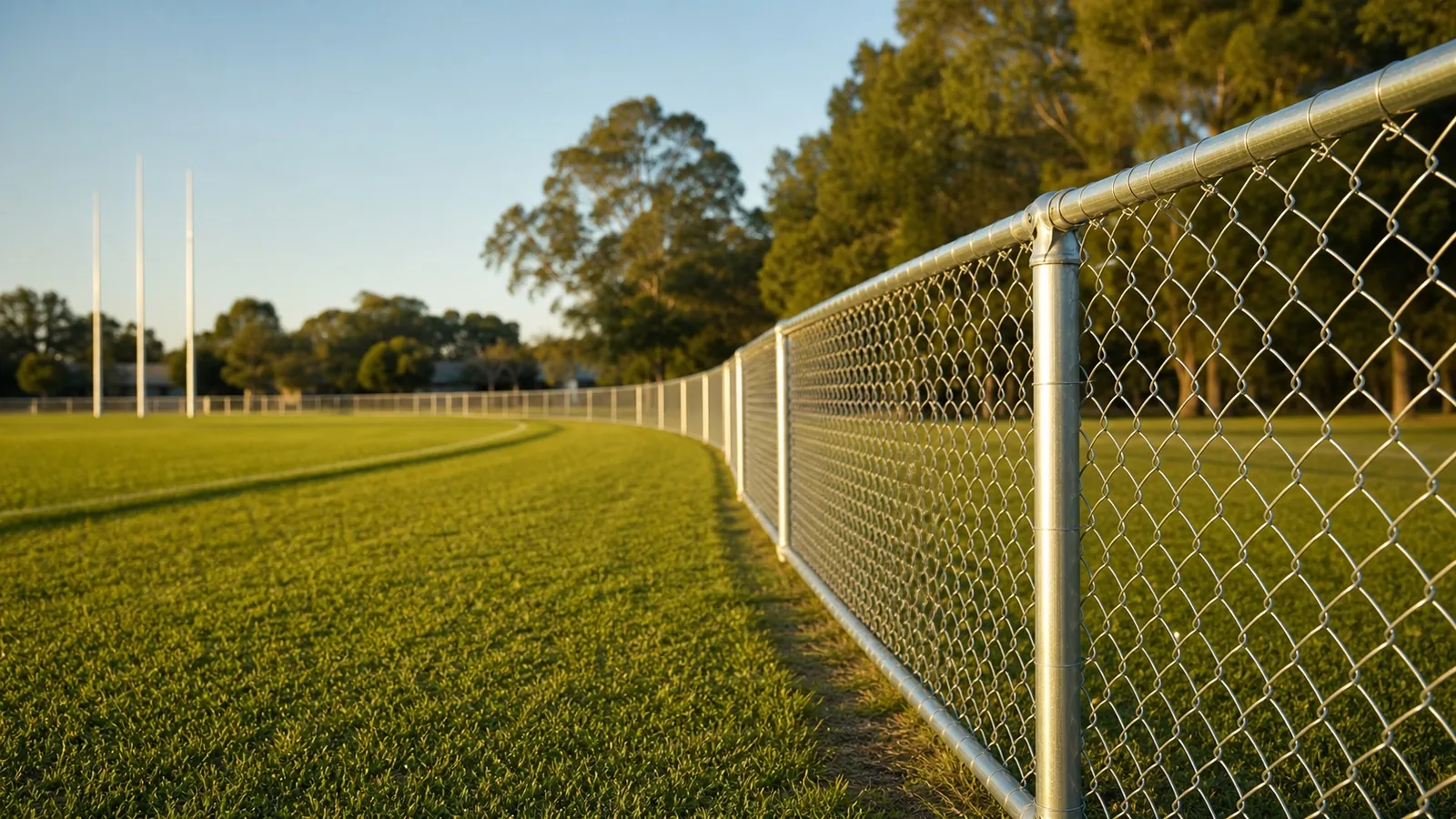 Chain wire boundary fence around a football oval in Sydney NSW