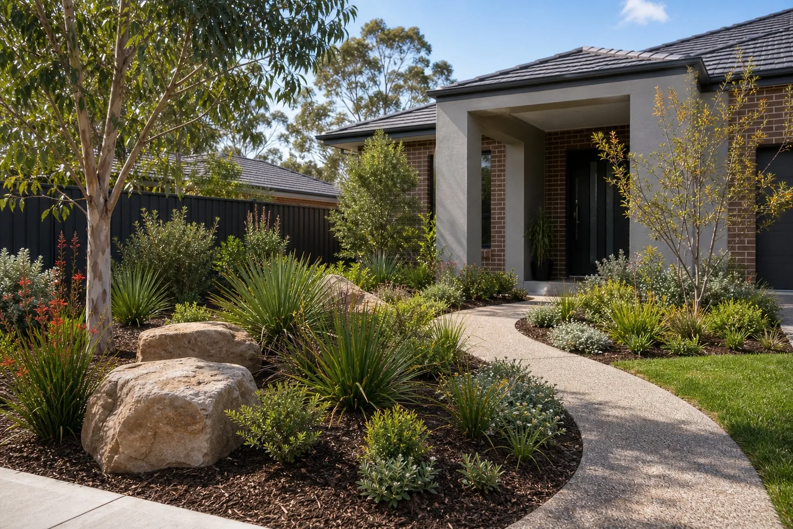 Professional garden design and native landscaping with mulched beds and feature planting Prospect