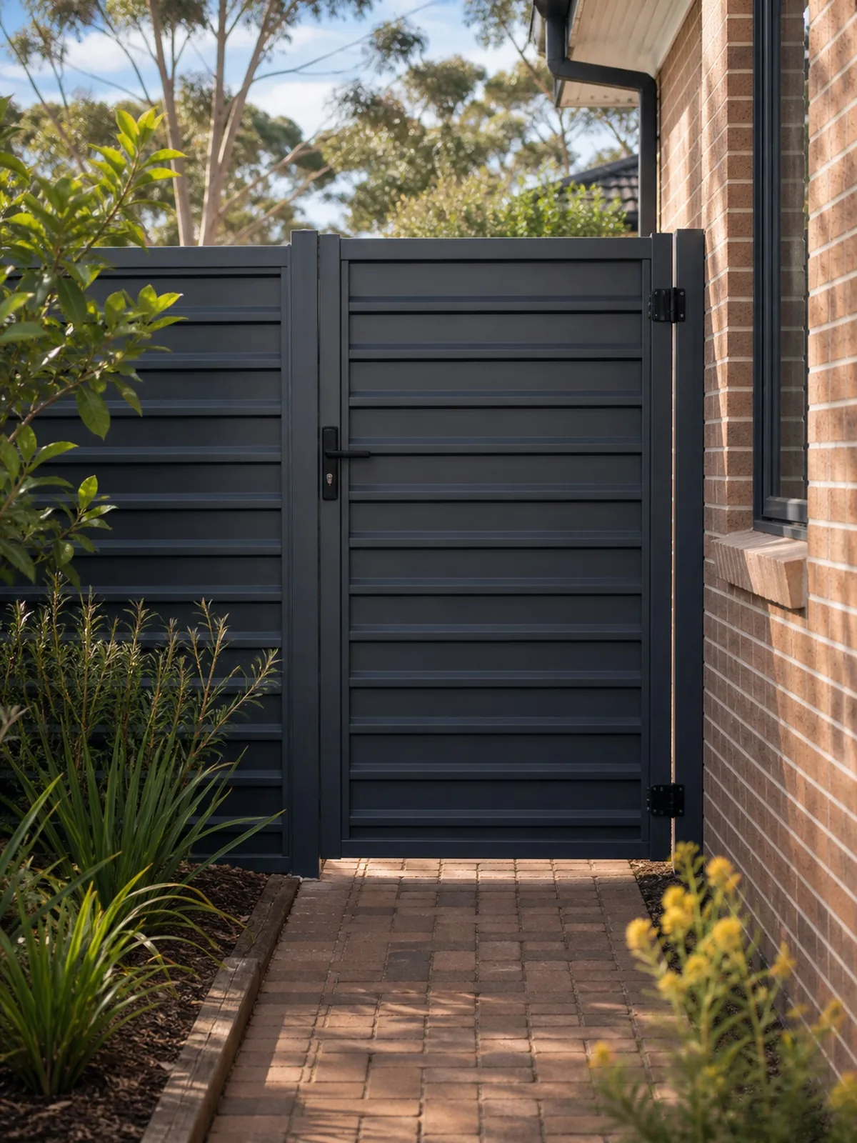Custom pedestrian side gate Sydney NSW - self-closing latch gate matching the fence with brick path