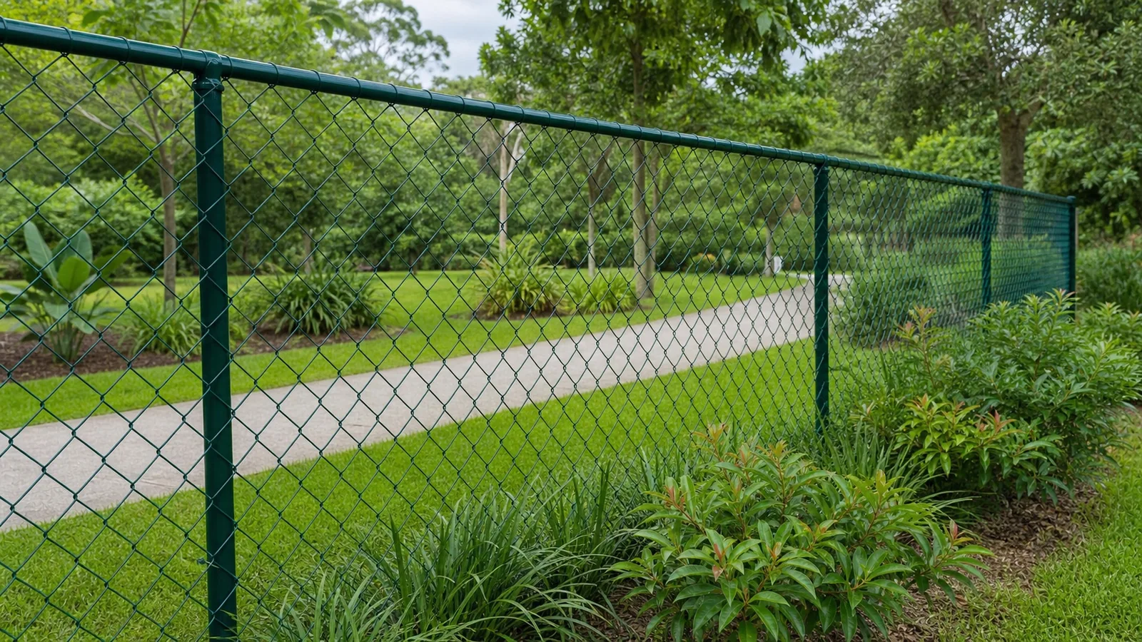 Green PVC-coated chain wire mesh park fencing in Sydney NSW