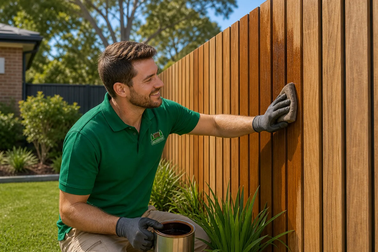 Fence and turf maintenance Sydney NSW - tradesperson oiling a timber fence and brushing down artificial turf