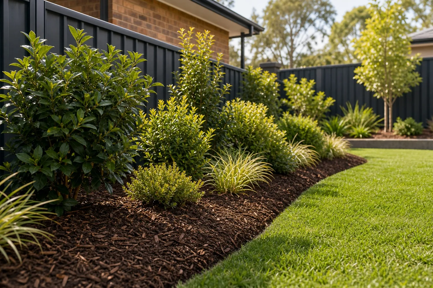 Garden mulching Sydney NSW - freshly mulched beds with healthy shrubs and crisp spade-cut lawn edges