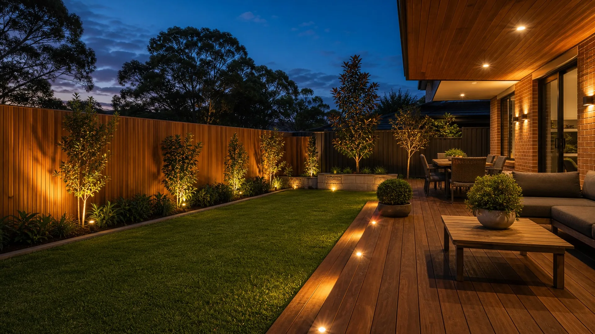 Outdoor garden lighting Sydney NSW - landscaped backyard at dusk with warm deck and garden lighting