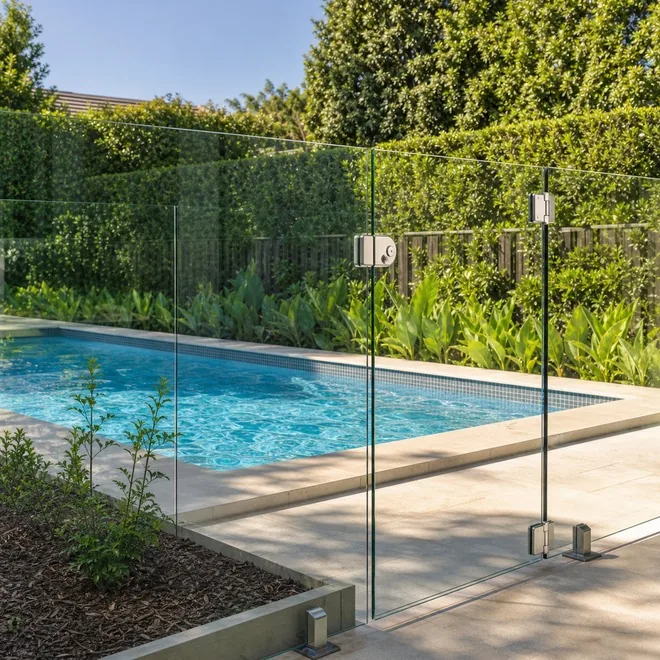 Compliant pool safety fence Sydney NSW - semi-frameless glass fencing with a self-closing gate and latch