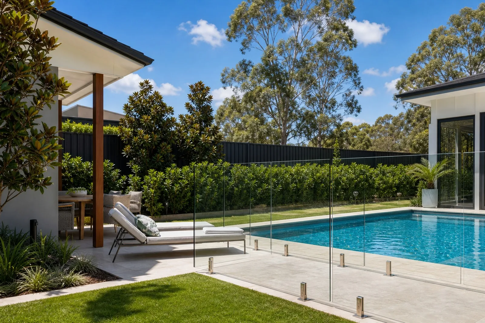 Modern pool area Sydney NSW - frameless glass pool fencing, sun loungers and lush landscaping on a summer day
