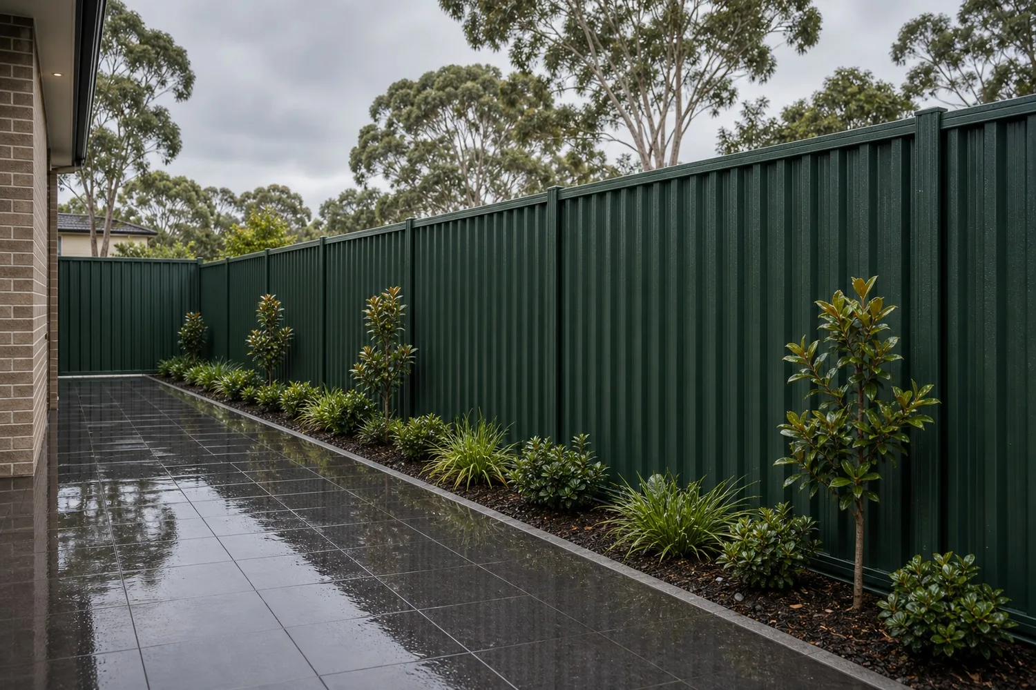 Durable Colorbond fence and paving Sydney NSW - wet surfaces after rain showing quality build and drainage