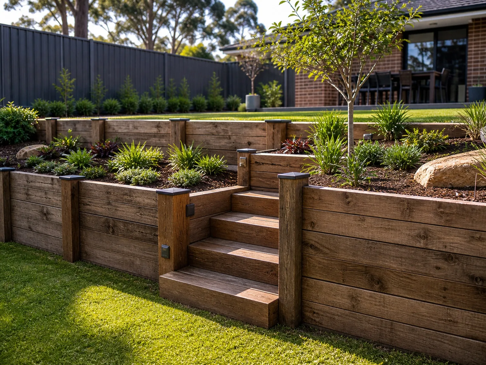 Timber sleeper retaining wall and steps Sydney NSW - terraced landscaped slope with planted garden beds