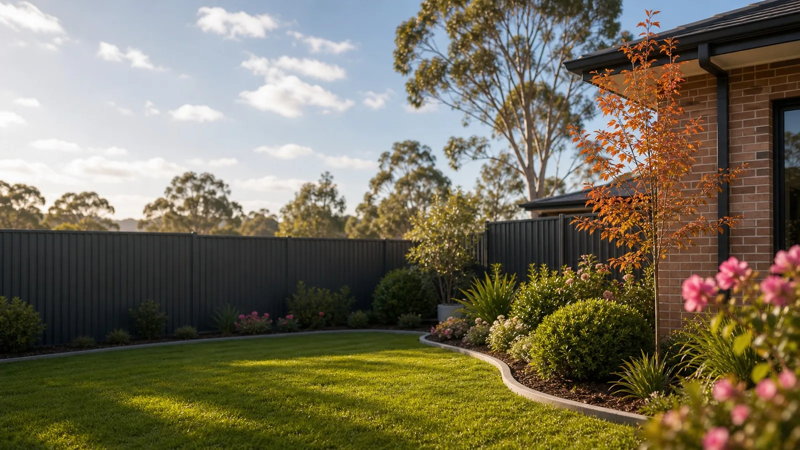 Well-maintained landscaped backyard Sydney NSW - tidy turf, garden beds and clean fencing year round
