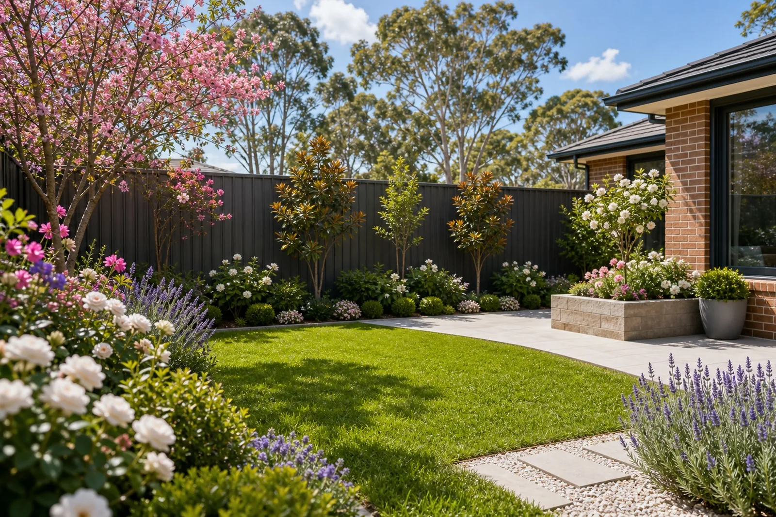 Spring backyard landscaping Sydney NSW - vibrant flowering garden, fresh lawn and clean fence on a bright day