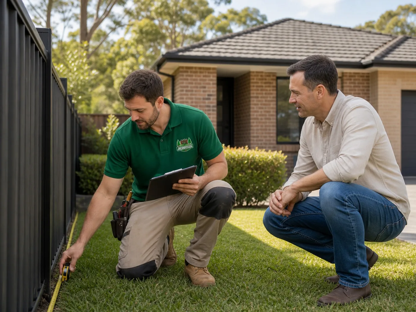 Free on-site consultation Sydney NSW - tradesperson measuring a boundary and taking notes with the homeowner
