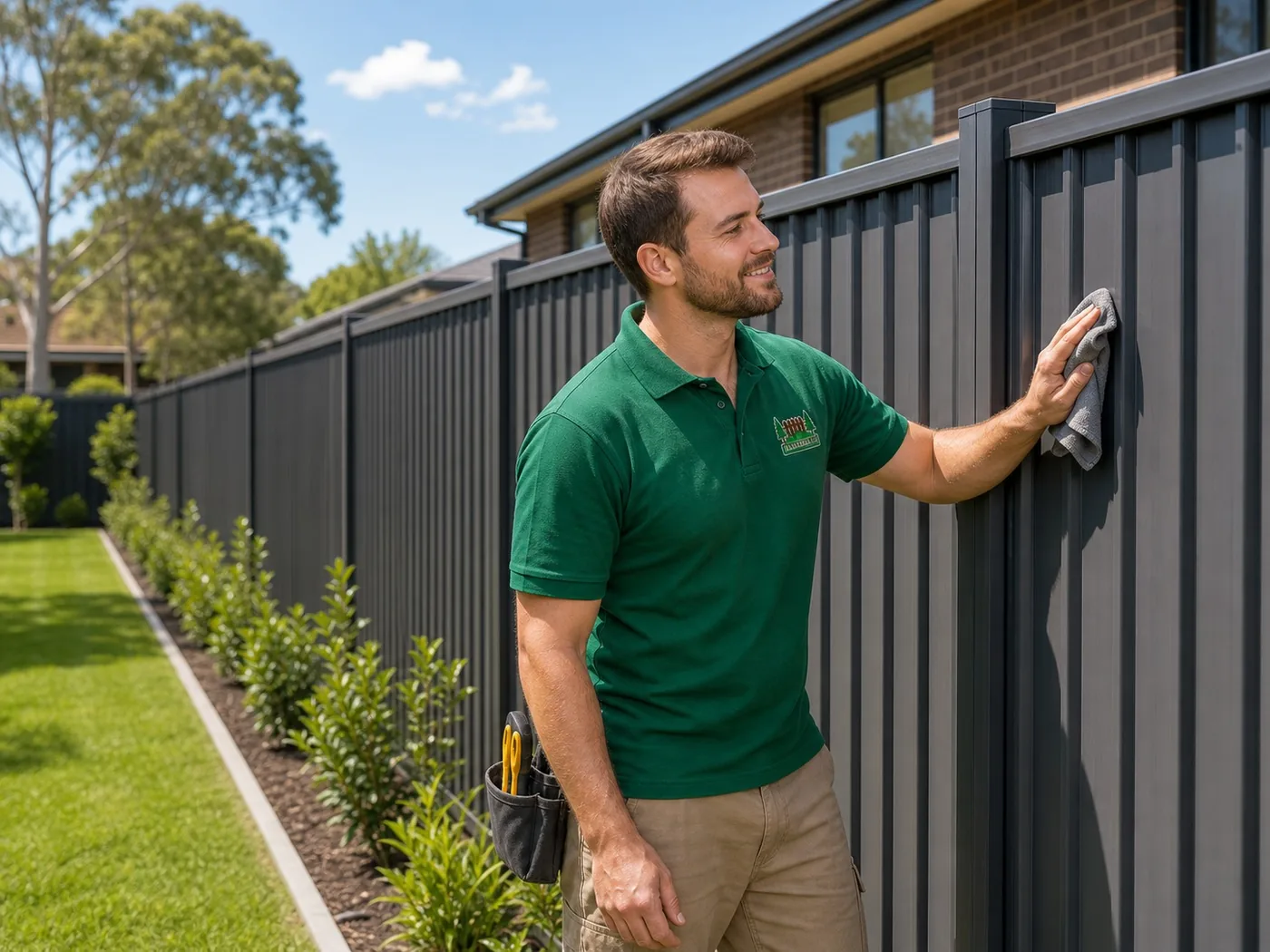 Final inspection and clean-up Sydney NSW - worker checking alignment of a completed fence on a tidy site