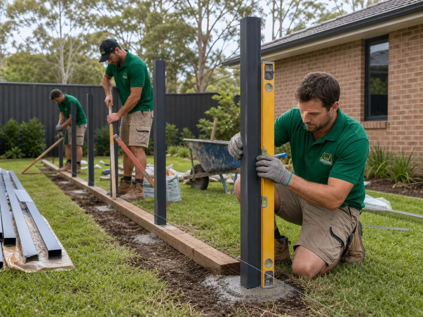 Professional fence installation Sydney NSW - crew setting fence posts into concrete footings with a spirit level