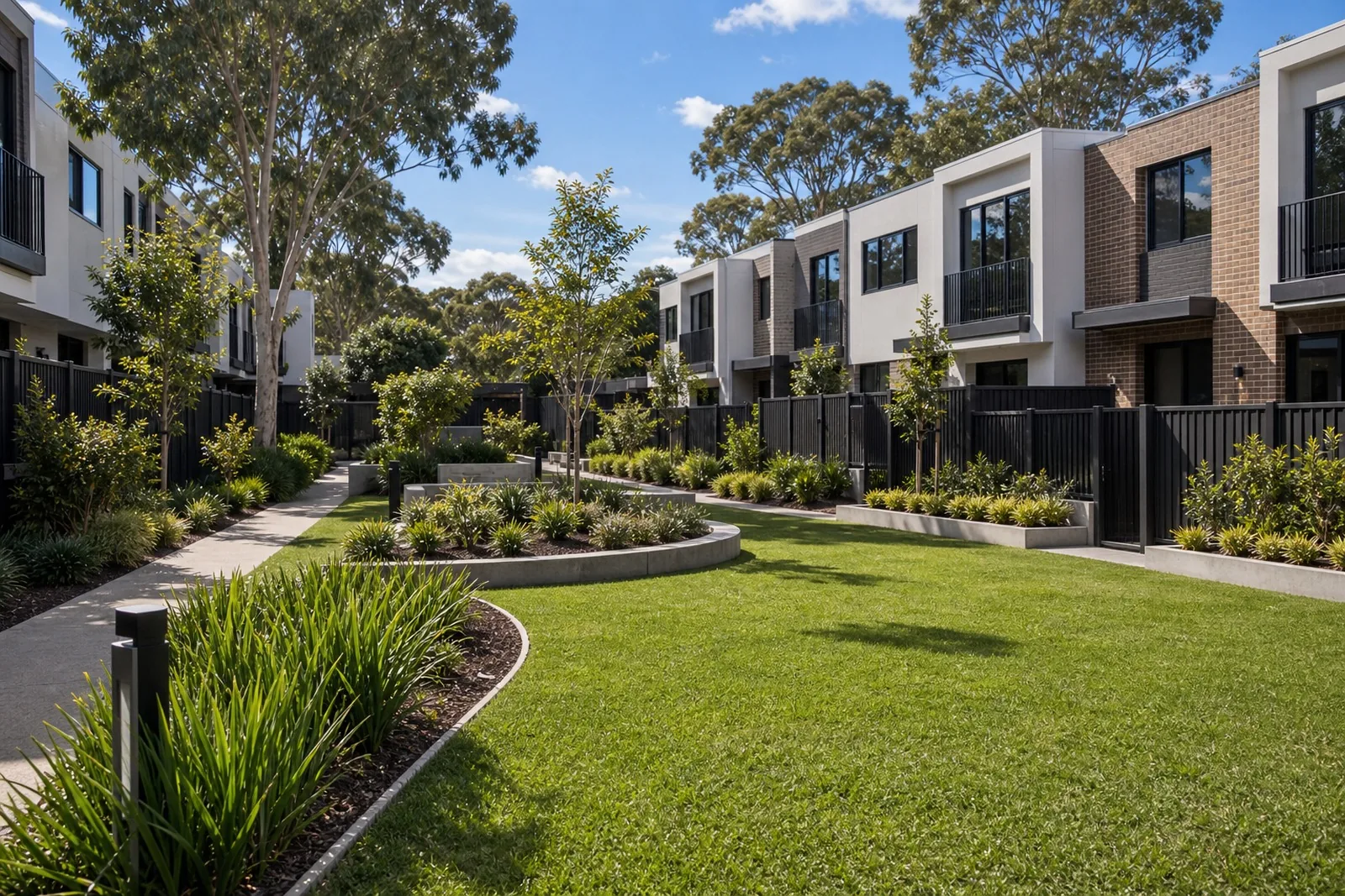 Strata and townhouse landscaping Sydney NSW - neat communal lawns, fencing and garden beds for a complex