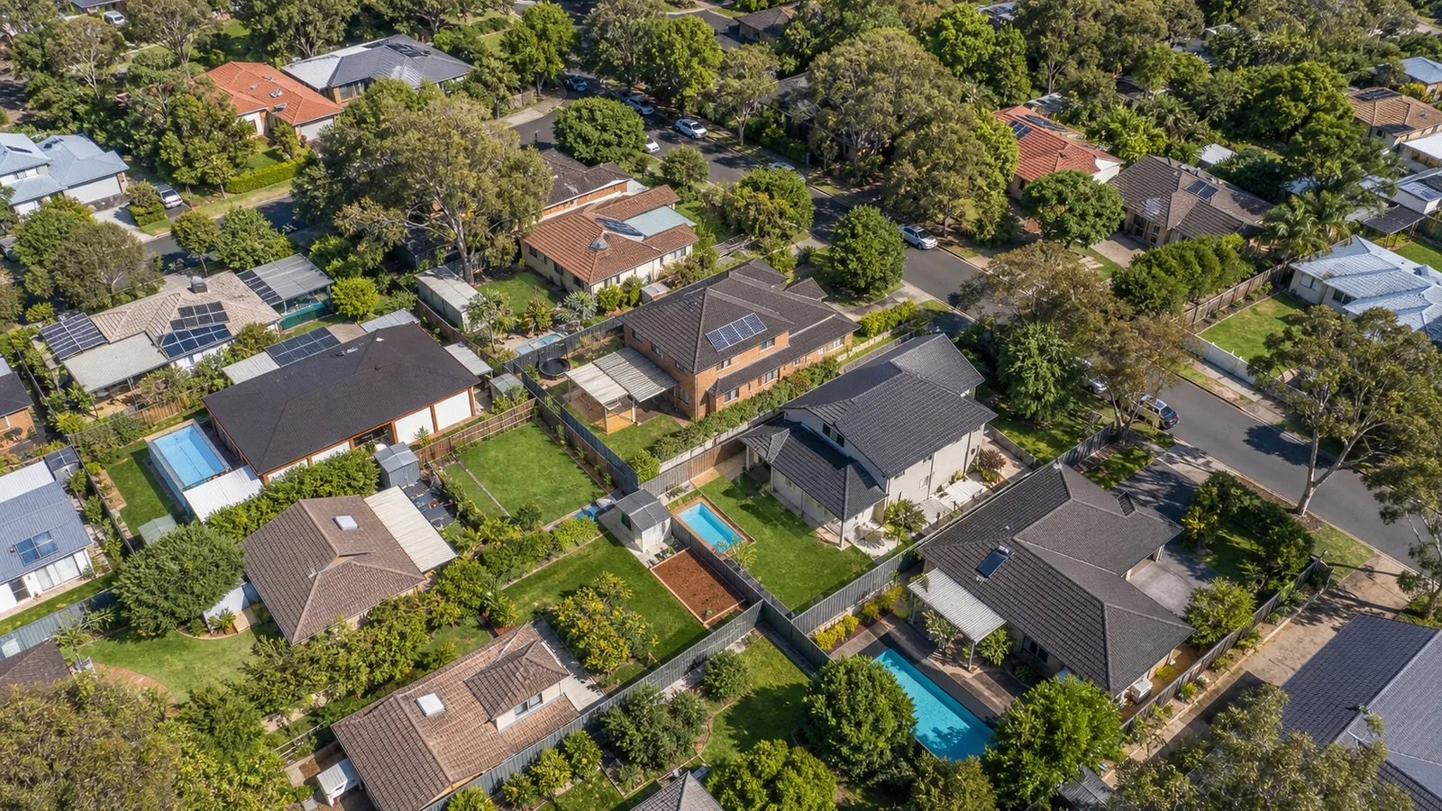 Sydney suburbs served aerial view - leafy neighbourhood backyards, fences and gardens across the area