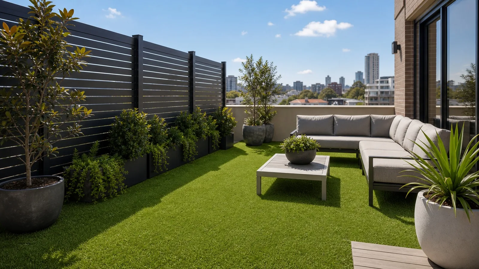 Rooftop artificial turf Sydney NSW - synthetic grass on a compact urban courtyard with potted plants and seating