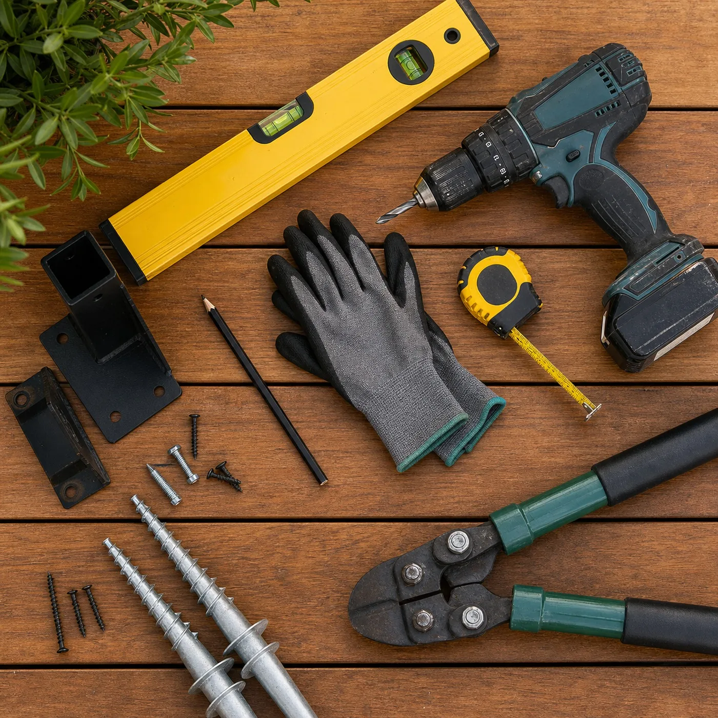 Fencing and landscaping tools flat-lay Sydney NSW - level, drill, gloves, tape measure and post-hole digger on timber