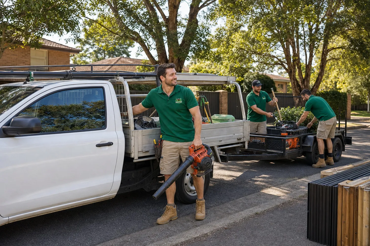 Jacob Landscaping and Fencing work ute Sydney NSW - branded ute and trailer loaded with tools at a suburban job