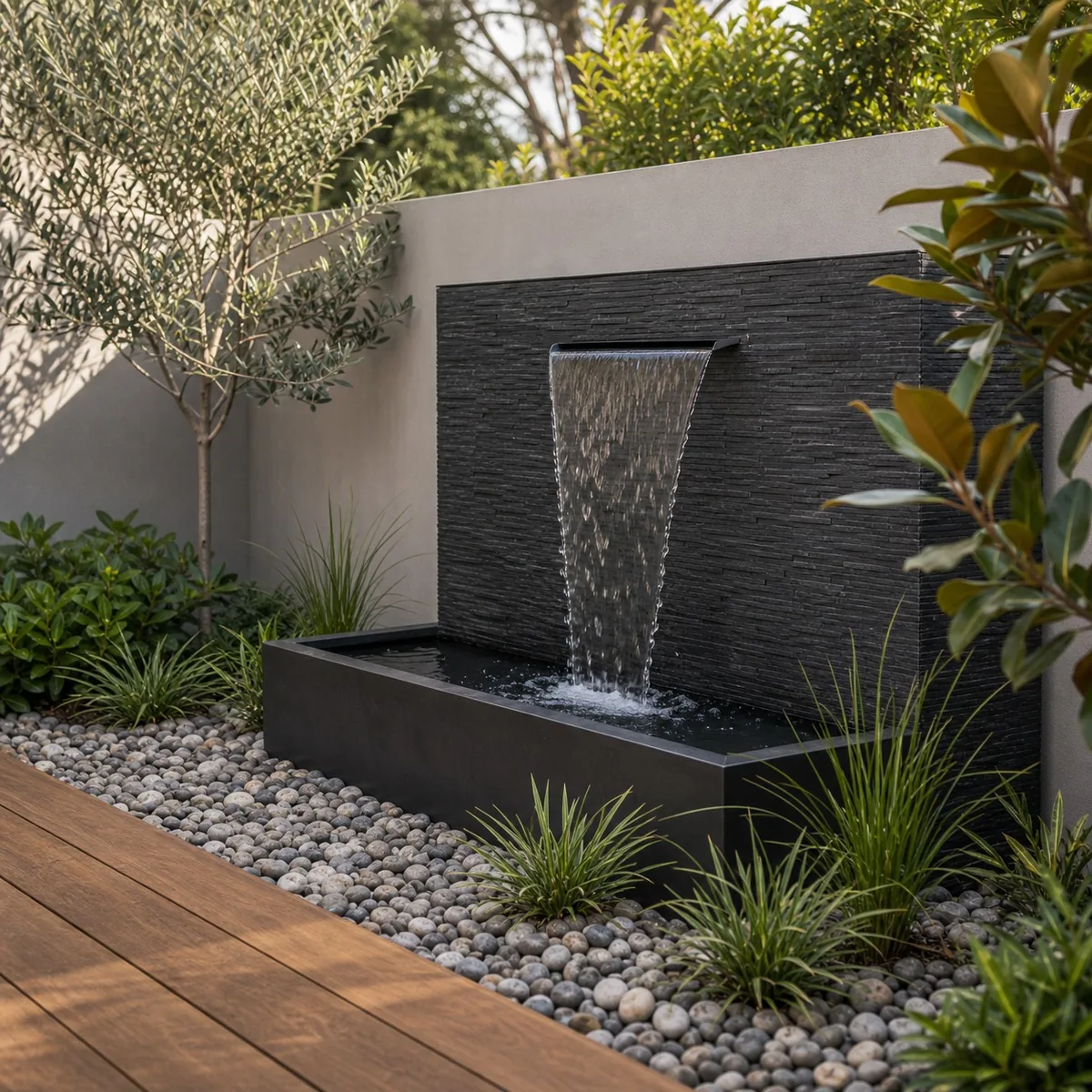 Landscaped water feature Sydney NSW - modern feature wall with spillway surrounded by plants and pebbles